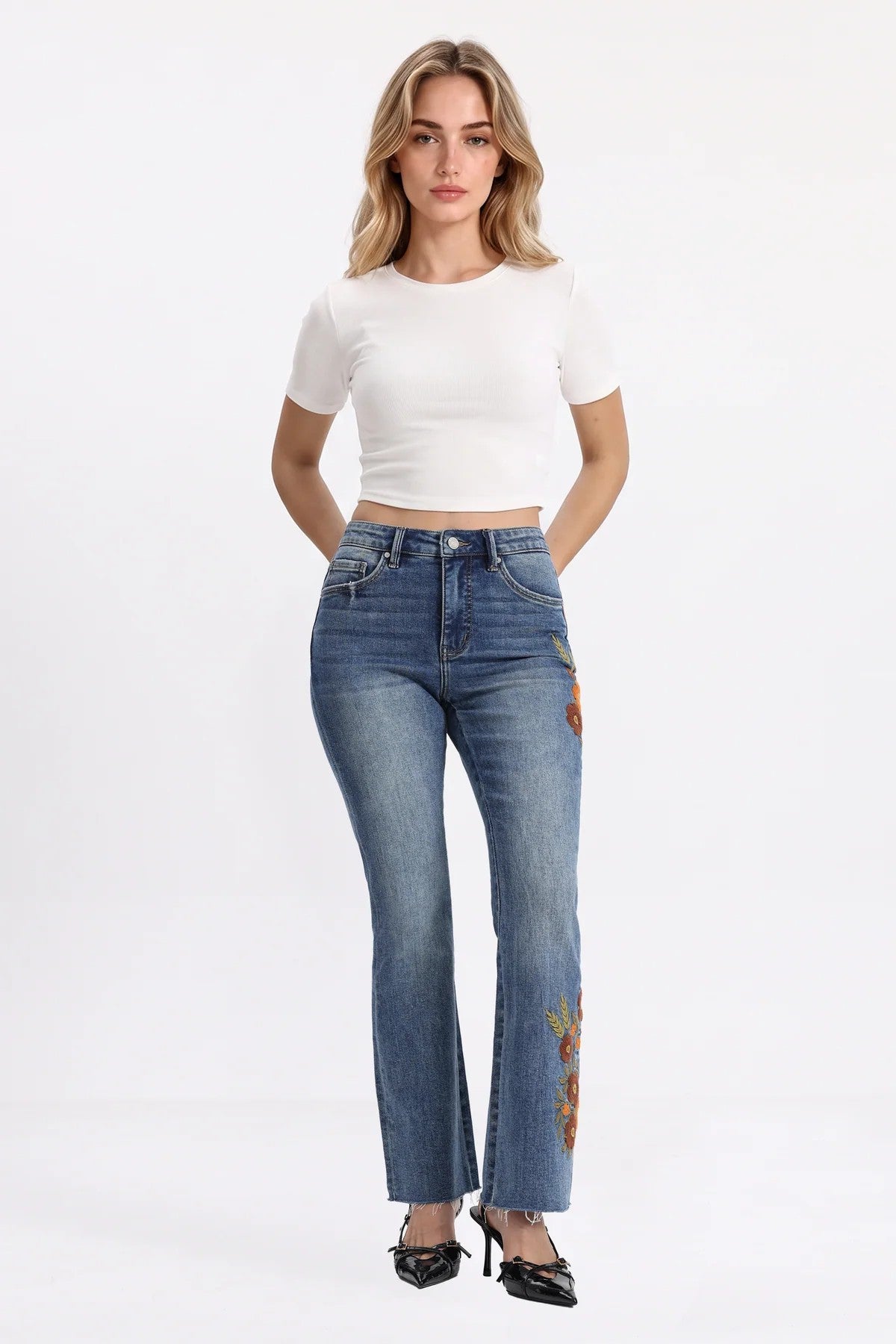 Bayeas Mid Rise Floral Embroidered Raw Hem Bootcut Jeans-Jeans-Bayeas-Deja Nu Boutique, Women's Fashion Boutique in Lampasas, Texas