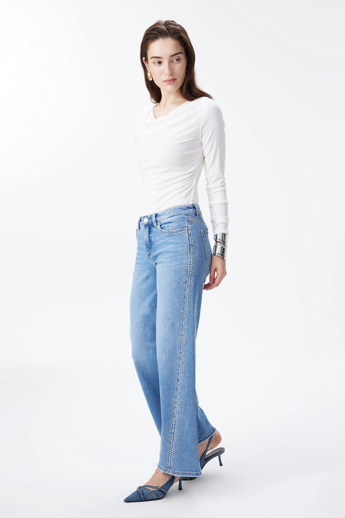 Bayeas New York Mid Rise Rhinestone Wide Leg Jeans in Cosmos-Jeans-Bayeas-Deja Nu Boutique, Women's Fashion Boutique in Lampasas, Texas