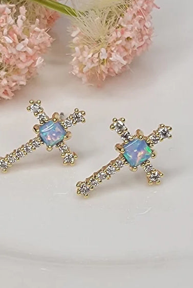 Betty Oh! Lab Grown Blue Opal Cross Post Earrings-Earrings-Betty Oh!-Deja Nu Boutique, Women's Fashion Boutique in Lampasas, Texas