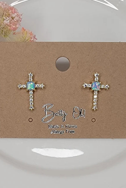 Betty Oh! Lab Grown Blue Opal Cross Post Earrings-Earrings-Betty Oh!-Deja Nu Boutique, Women's Fashion Boutique in Lampasas, Texas