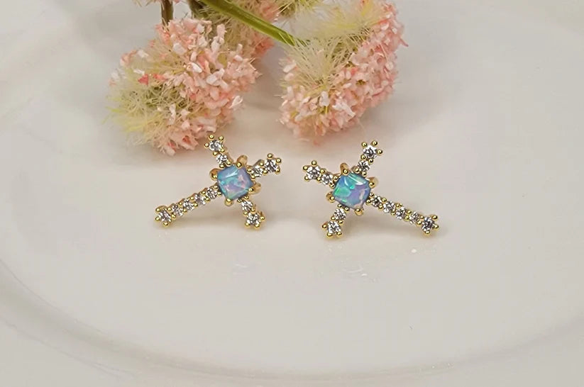 Betty Oh! Lab Grown Blue Opal Cross Post Earrings-Earrings-Betty Oh!-Deja Nu Boutique, Women's Fashion Boutique in Lampasas, Texas