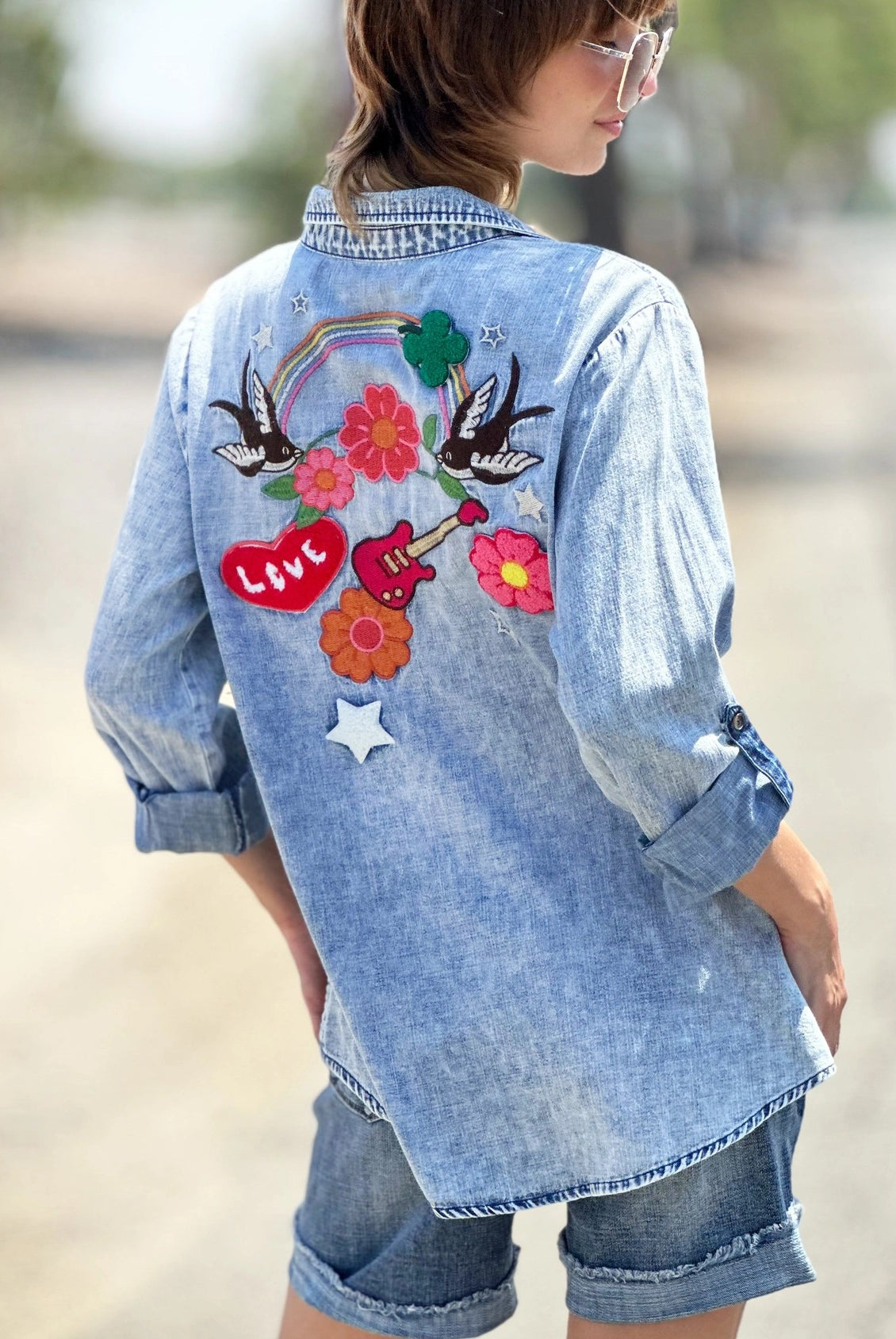 Billy T Birds of a Feather Embroidered Denim Shirt-shirts-Billy T-Deja Nu Boutique, Women's Fashion Boutique in Lampasas, Texas