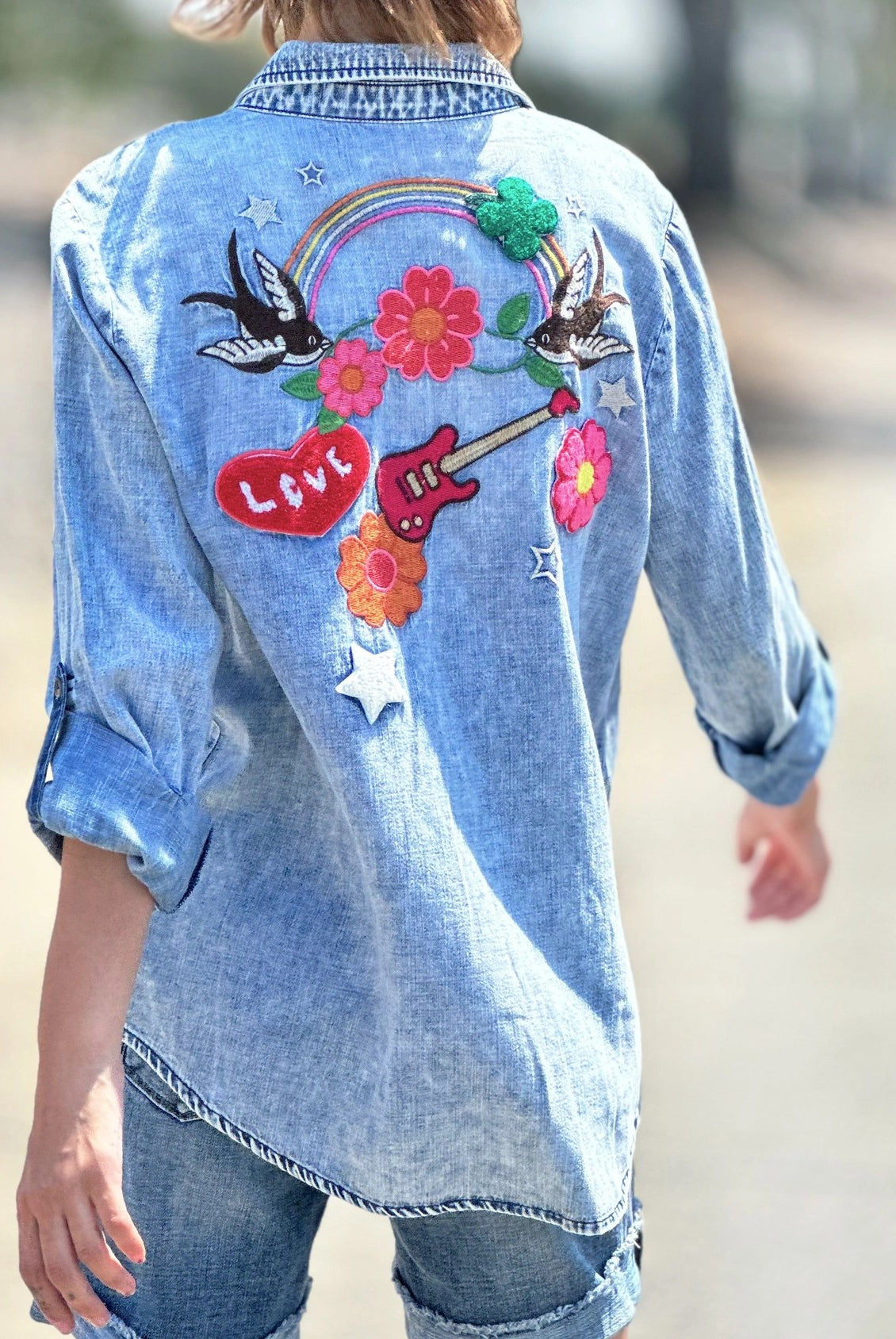 Billy T Birds of a Feather Embroidered Denim Shirt-shirts-Billy T-Deja Nu Boutique, Women's Fashion Boutique in Lampasas, Texas