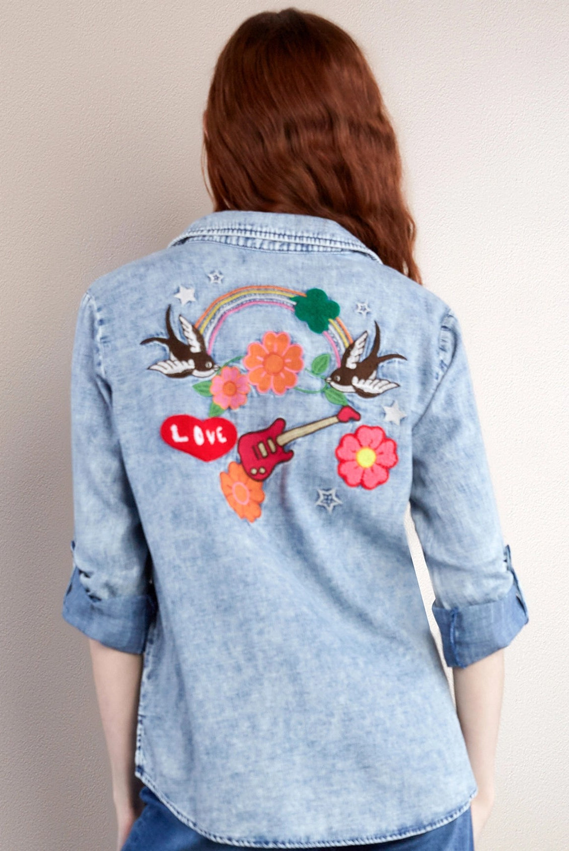 Billy T Birds of a Feather Embroidered Denim Shirt-shirts-Billy T-Deja Nu Boutique, Women's Fashion Boutique in Lampasas, Texas