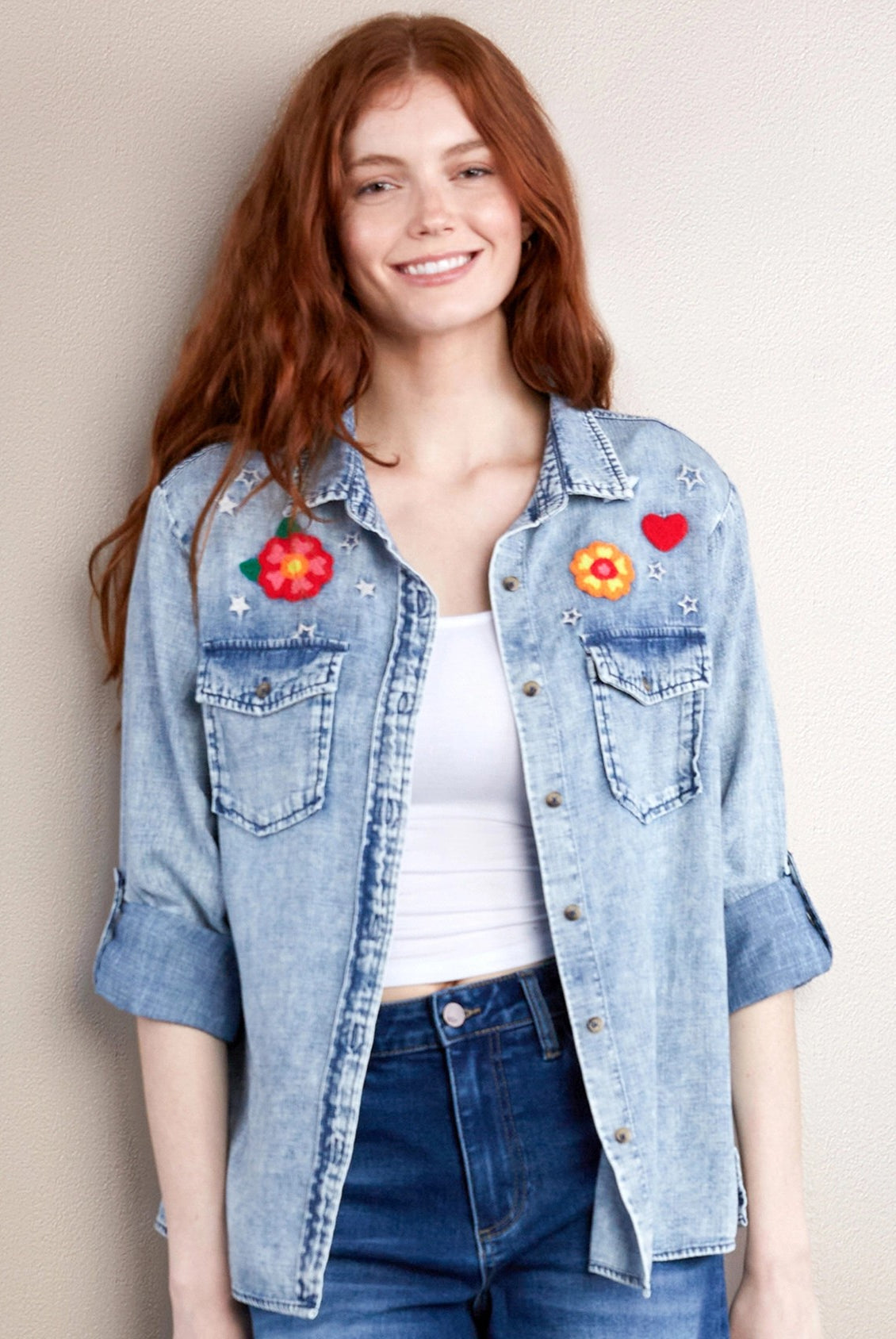 Billy T Birds of a Feather Embroidered Denim Shirt-shirts-Billy T-Deja Nu Boutique, Women's Fashion Boutique in Lampasas, Texas