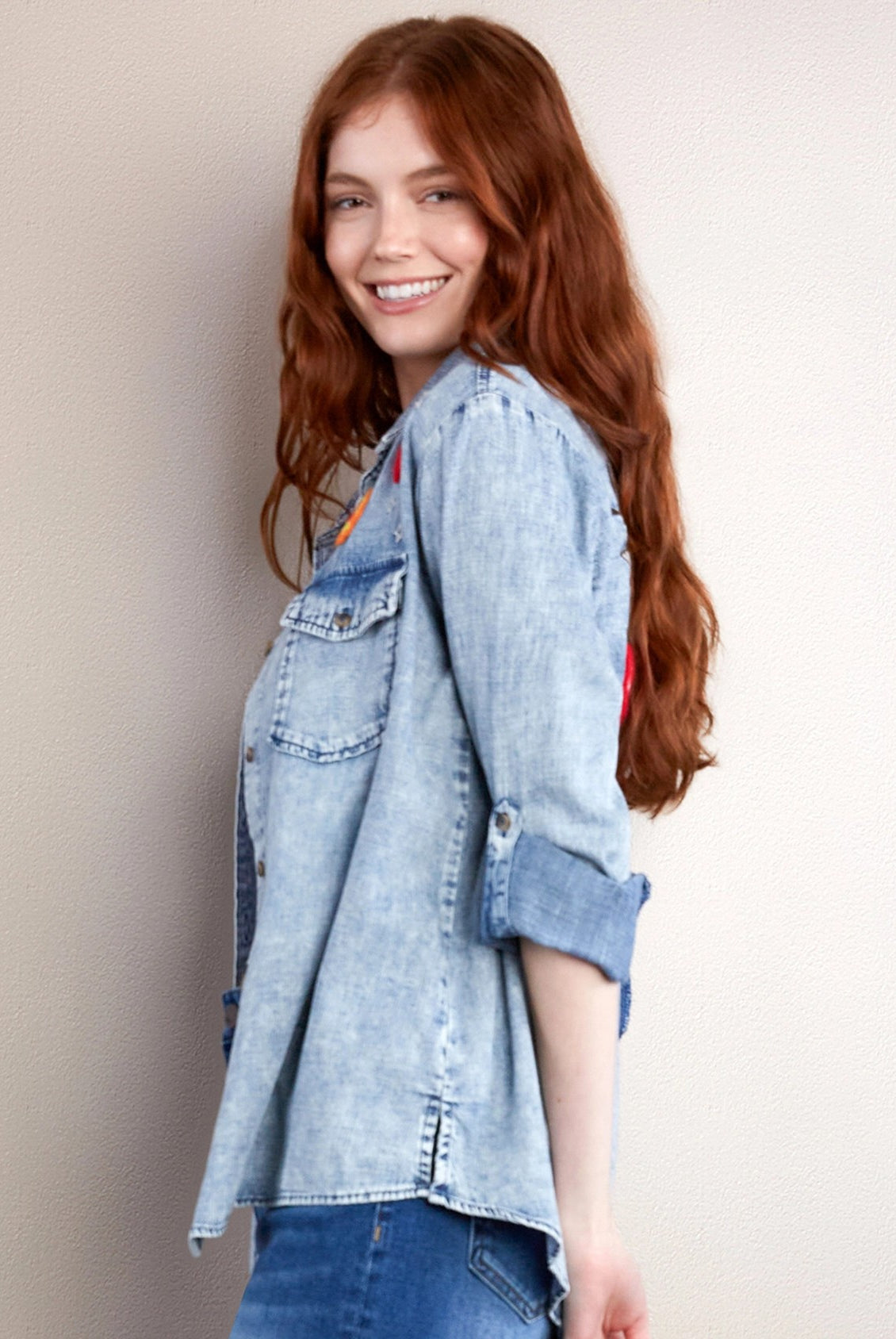 Billy T Birds of a Feather Embroidered Denim Shirt-shirts-Billy T-Deja Nu Boutique, Women's Fashion Boutique in Lampasas, Texas