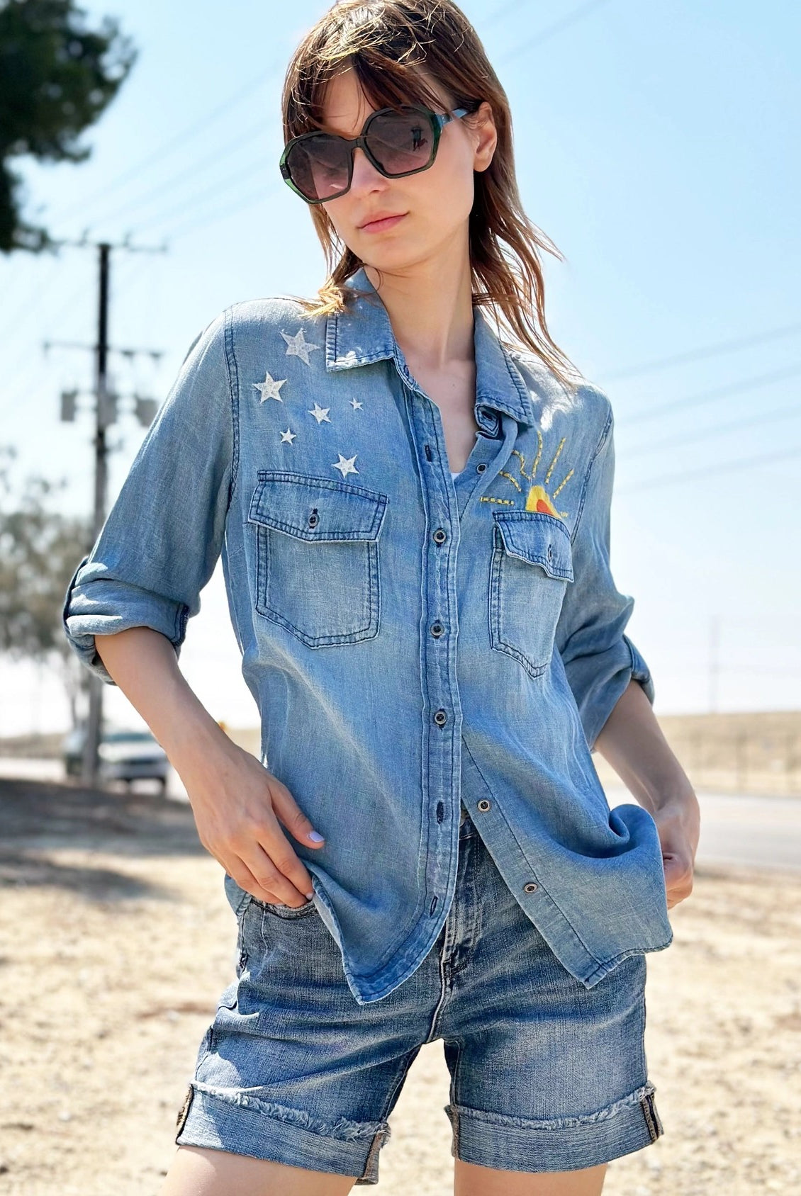 Billy T Hello Sunshine Embroidered Denim Shirt/Shacket in Washed Blue-shirts-Billy T-Deja Nu Boutique, Women's Fashion Boutique in Lampasas, Texas