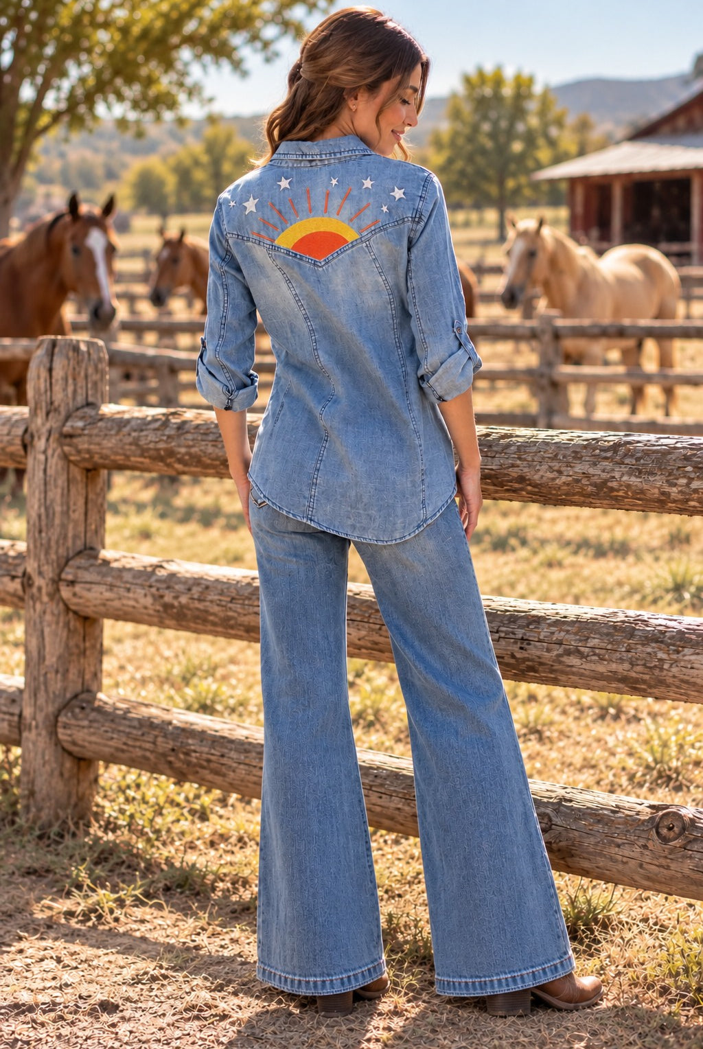 Billy T Hello Sunshine Embroidered Denim Shirt/Shacket in Washed Blue-shirts-Billy T-Deja Nu Boutique, Women's Fashion Boutique in Lampasas, Texas