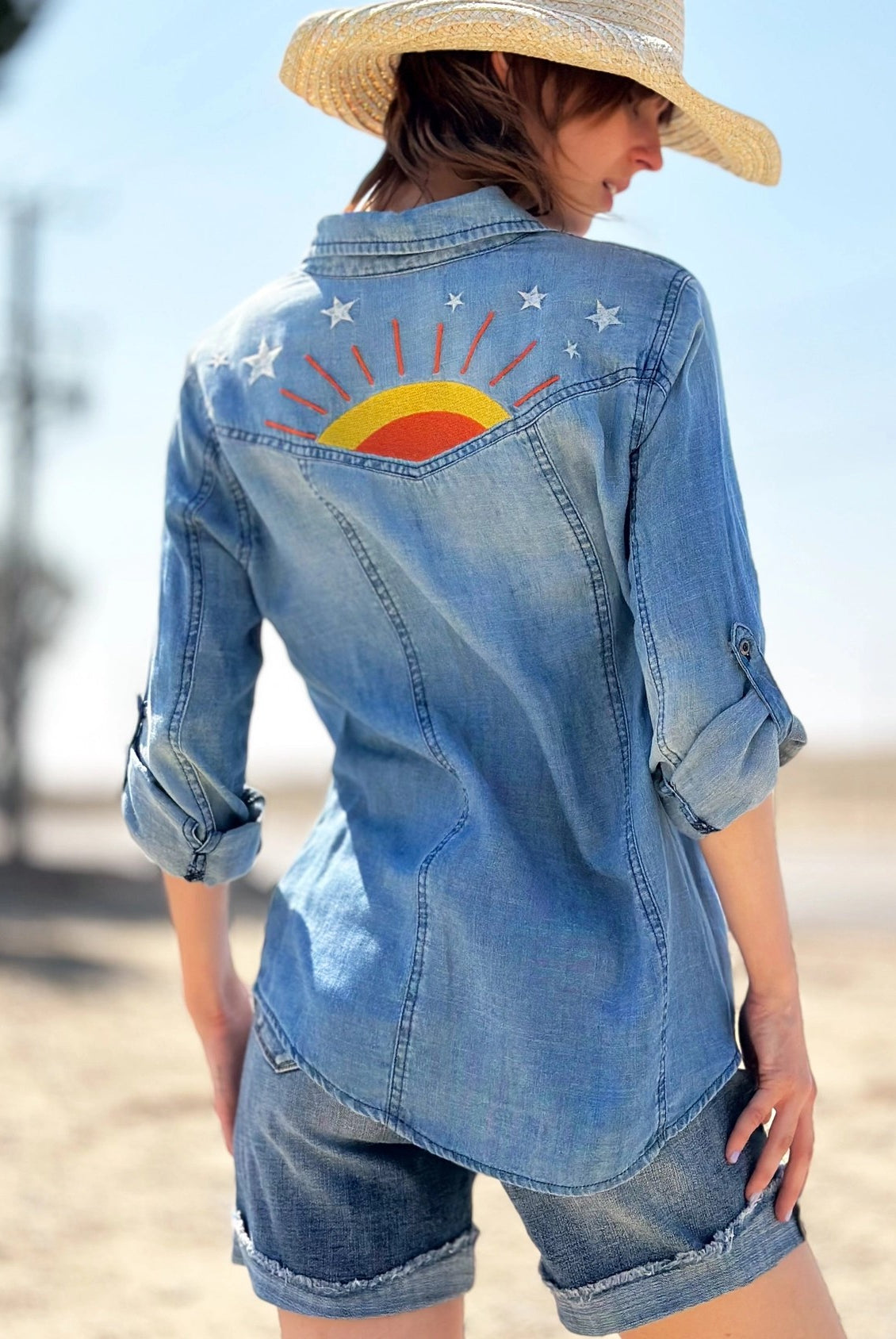 Billy T Hello Sunshine Embroidered Denim Shirt/Shacket in Washed Blue-shirts-Billy T-Deja Nu Boutique, Women's Fashion Boutique in Lampasas, Texas