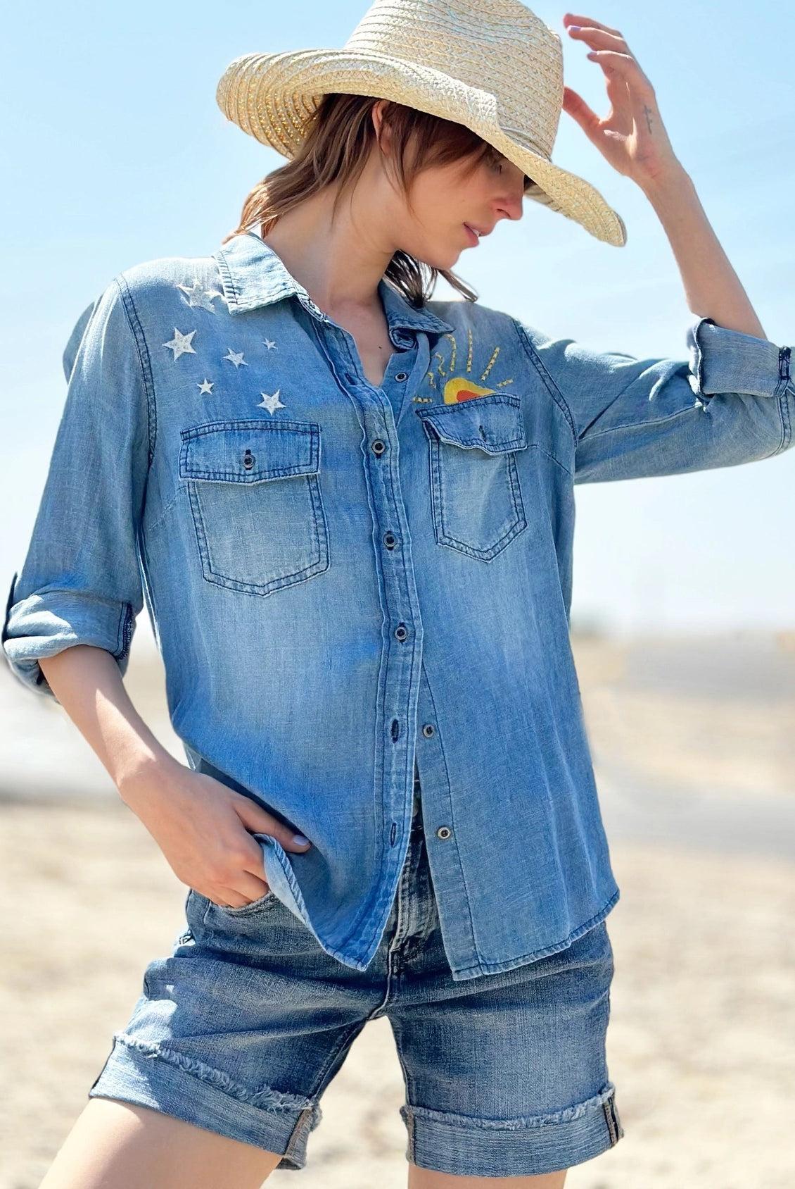 Billy T Hello Sunshine Embroidered Denim Shirt/Shacket in Washed Blue-shirts-Billy T-Deja Nu Boutique, Women's Fashion Boutique in Lampasas, Texas
