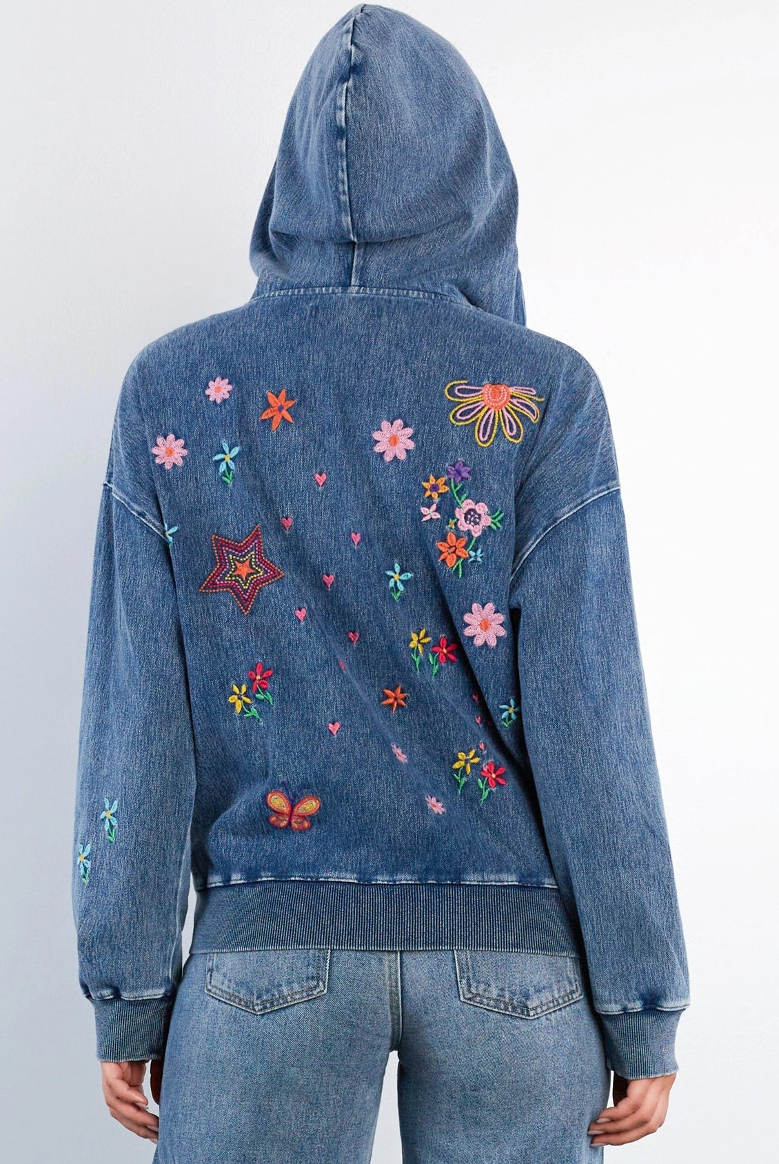 Billy T Sketchbook Embroidered Denim Hoodie in Forever Blue-hoodie-Billy T-Deja Nu Boutique, Women's Fashion Boutique in Lampasas, Texas