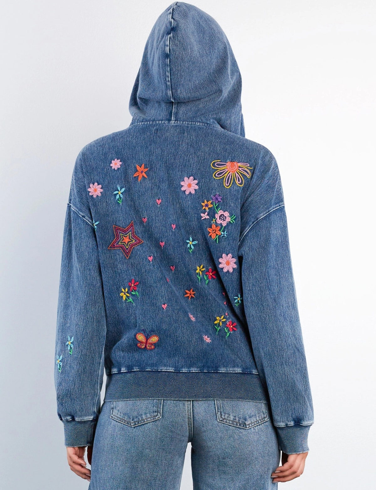 Billy T Sketchbook Embroidered Denim Hoodie in Forever Blue-hoodie-Billy T-Deja Nu Boutique, Women's Fashion Boutique in Lampasas, Texas