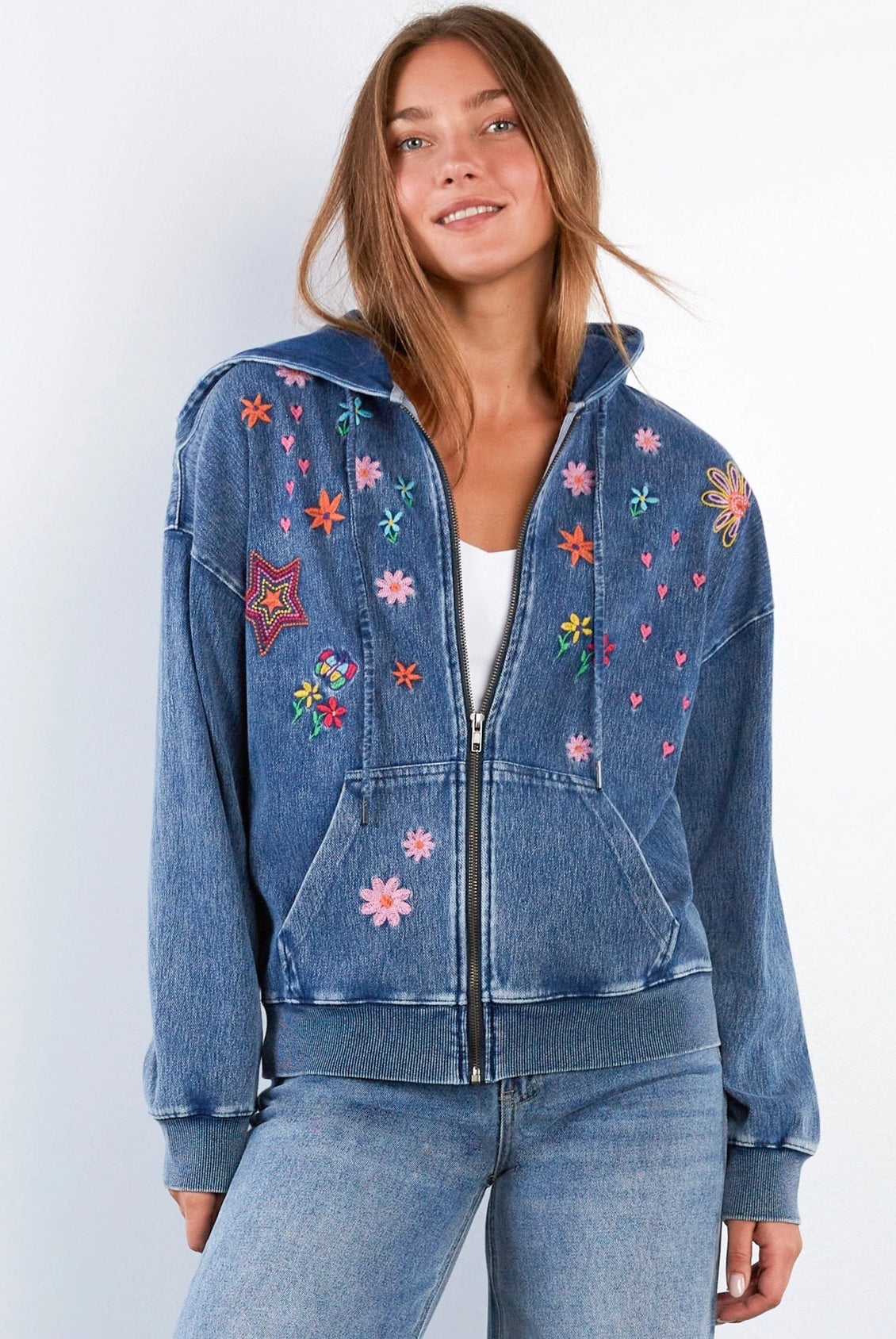 Billy T Sketchbook Embroidered Denim Hoodie in Forever Blue-hoodie-Billy T-Deja Nu Boutique, Women's Fashion Boutique in Lampasas, Texas