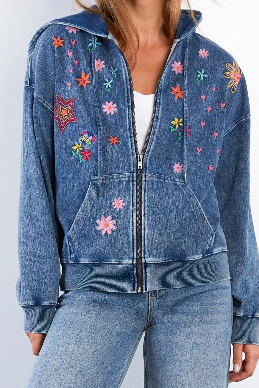 Billy T Sketchbook Embroidered Denim Hoodie in Forever Blue-hoodie-Billy T-Deja Nu Boutique, Women's Fashion Boutique in Lampasas, Texas
