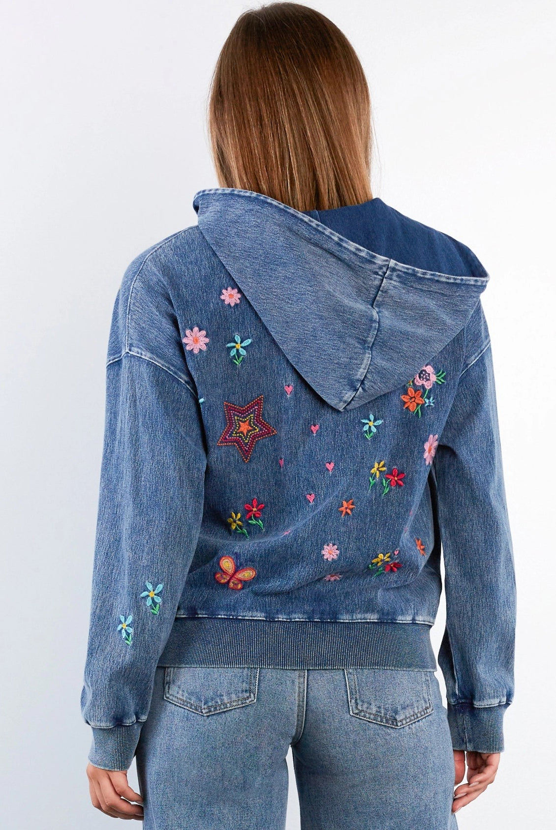 Billy T Sketchbook Embroidered Denim Hoodie in Forever Blue-hoodie-Billy T-Deja Nu Boutique, Women's Fashion Boutique in Lampasas, Texas