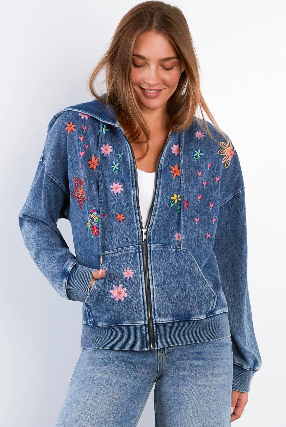 Billy T Sketchbook Embroidered Denim Hoodie in Forever Blue-hoodie-Billy T-Deja Nu Boutique, Women's Fashion Boutique in Lampasas, Texas
