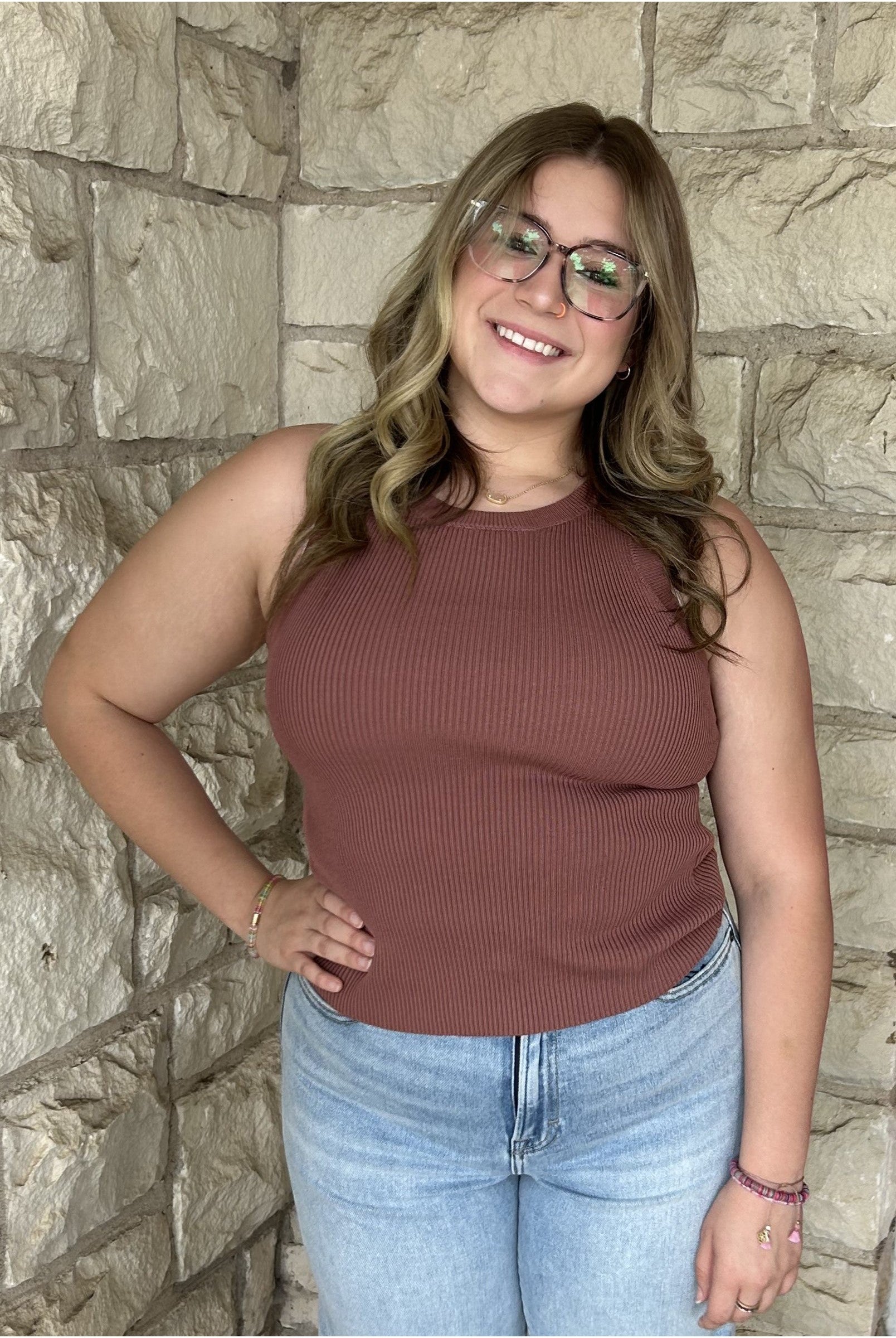 blu pepper Racerback Knit Top In Red Bean-Camis/Tanks-Blu Pepper-Deja Nu Boutique, Women's Fashion Boutique in Lampasas, Texas