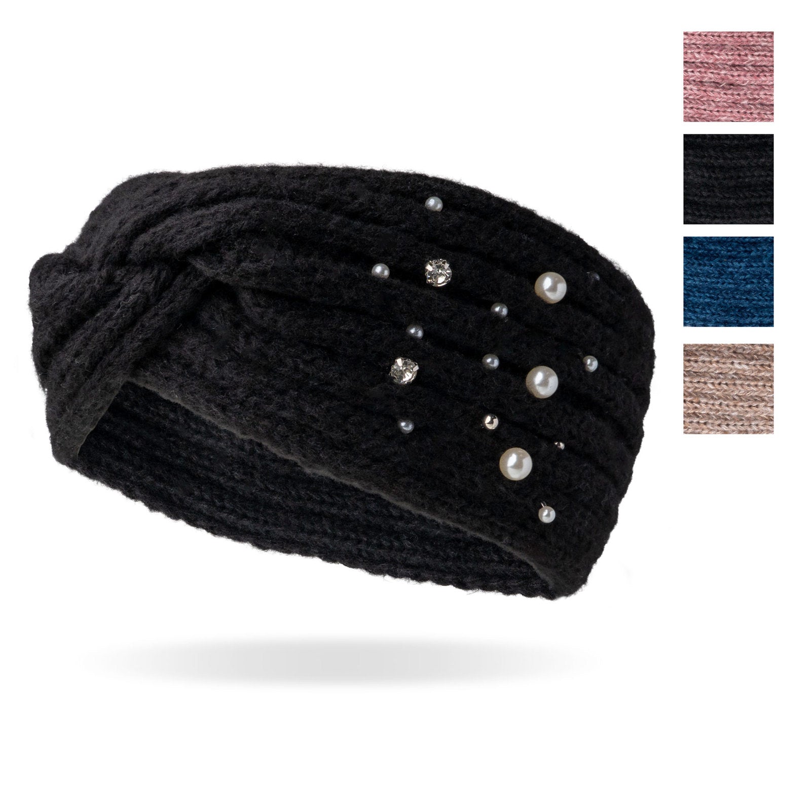 Britt's Knits Starlight twist-front knit headwarmer in black featuring pearl and rhinestone embellishments.
Image 2