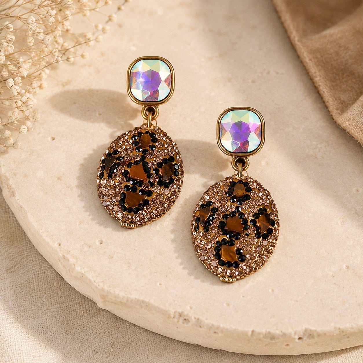 Crystal Leopard Statement Earrings Pink or Brown-Earrings-Deja Nu-Deja Nu Boutique, Women's Fashion Boutique in Lampasas, Texas