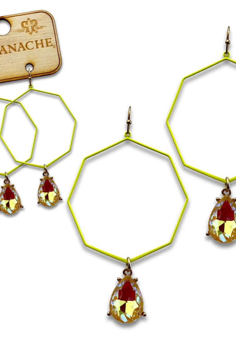 Pink Panache Neon Yellow Octagon Earring with Rhinestone Teardrop Charm-Earrings-Pink Panache-Deja Nu Boutique, Women's Fashion Boutique in Lampasas, Texas