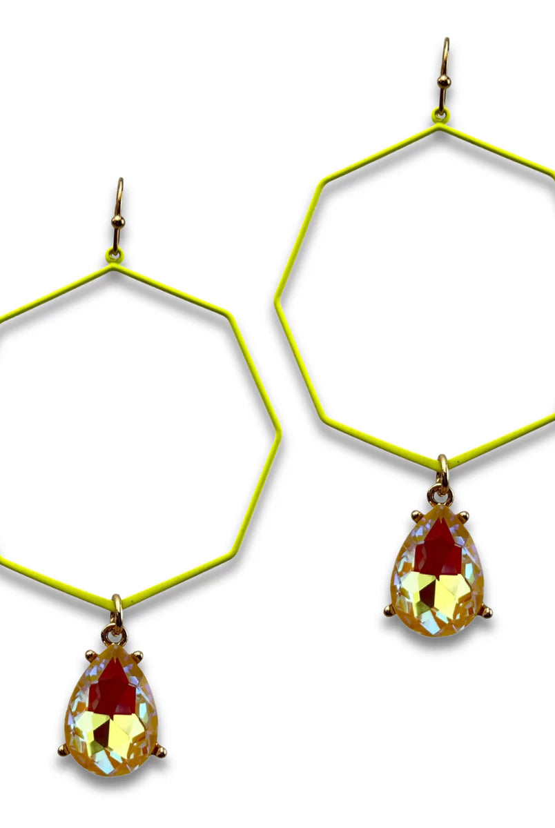 Pink Panache Neon Yellow Octagon Earring with Rhinestone Teardrop Charm-Earrings-Pink Panache-Deja Nu Boutique, Women's Fashion Boutique in Lampasas, Texas
