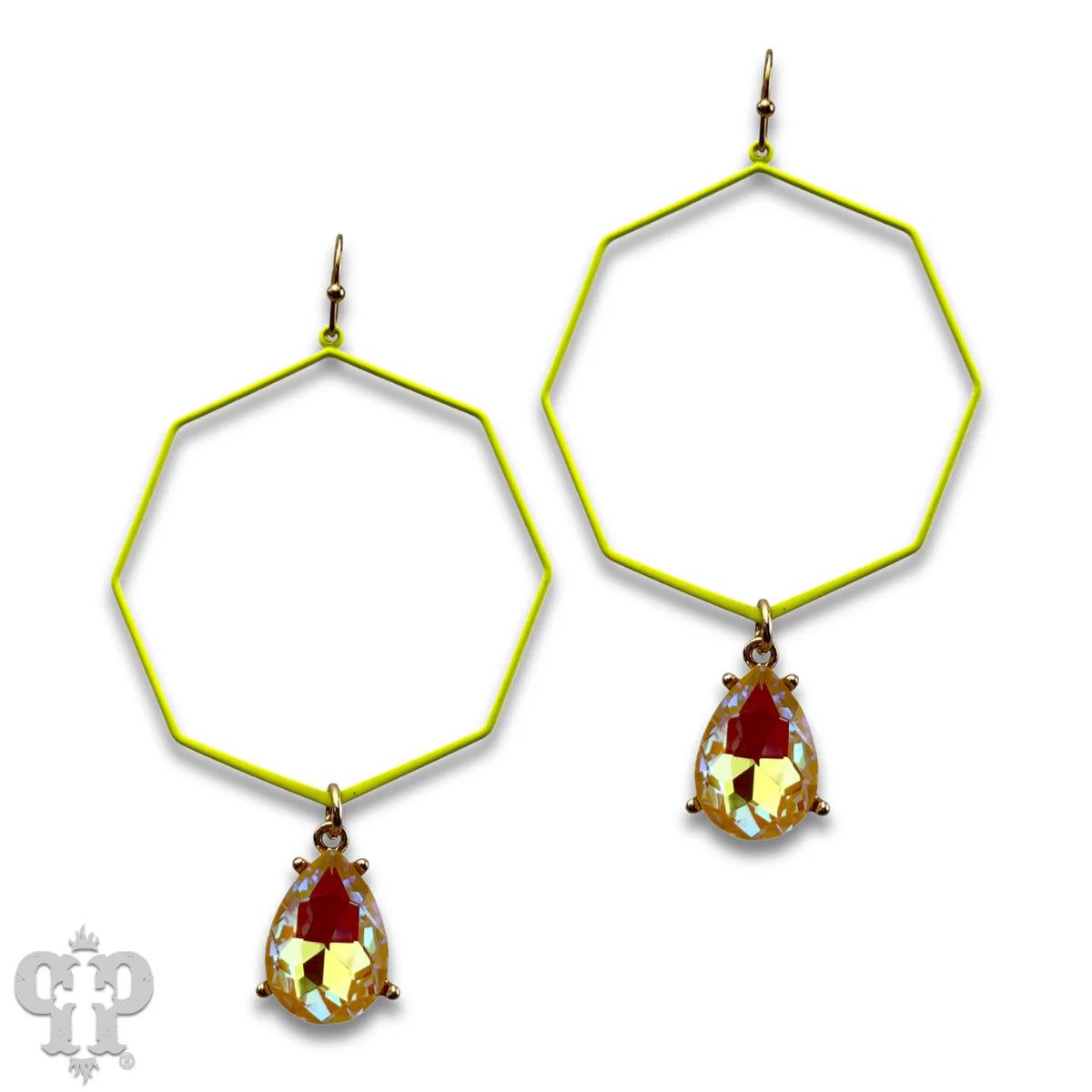 Pink Panache Neon Yellow Octagon Earring with Rhinestone Teardrop Charm-Earrings-Pink Panache-Deja Nu Boutique, Women's Fashion Boutique in Lampasas, Texas