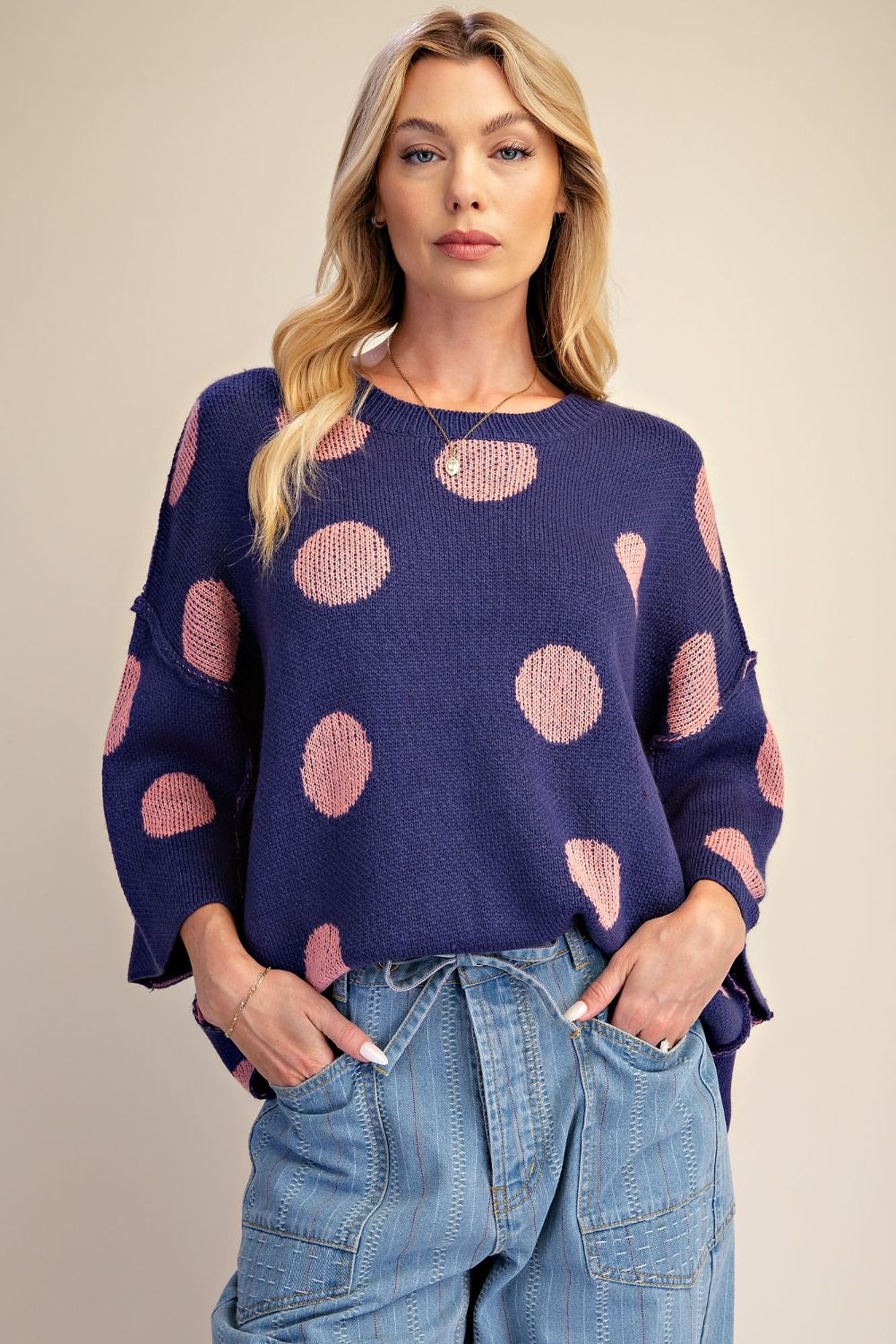 Easel Blue & Pink Polka Dot Oversized Knit Sweater-Sweaters-Easel-Deja Nu Boutique, Women's Fashion Boutique in Lampasas, Texas