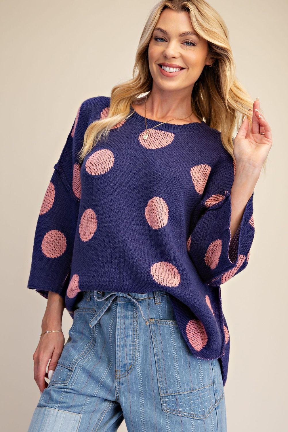 Easel Blue & Pink Polka Dot Oversized Knit Sweater-Sweaters-Easel-Deja Nu Boutique, Women's Fashion Boutique in Lampasas, Texas