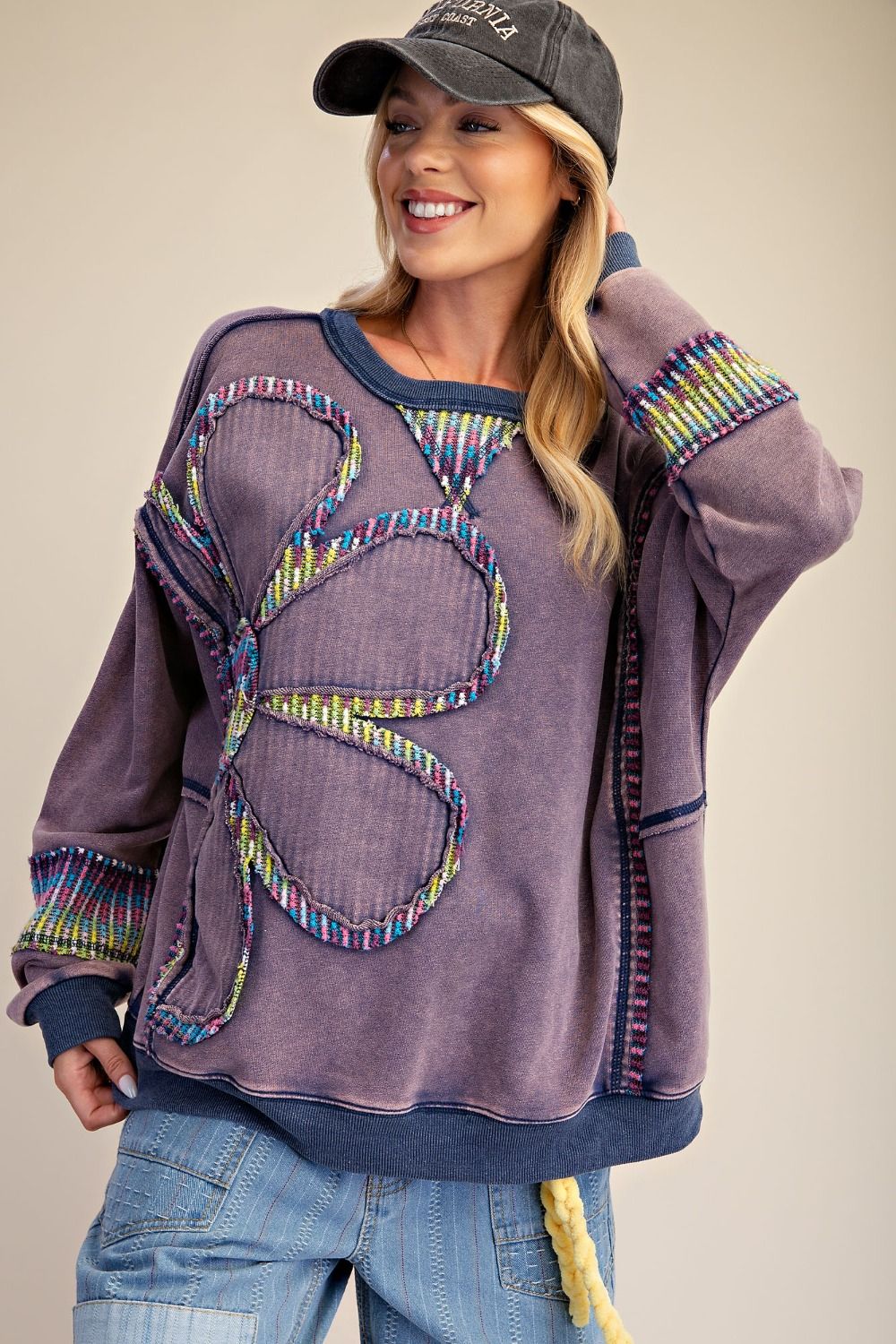 Easel Blueberry Flower Patch Mineral Washed Terry Pullover-sweatshirt-Easel-Deja Nu Boutique, Women's Fashion Boutique in Lampasas, Texas