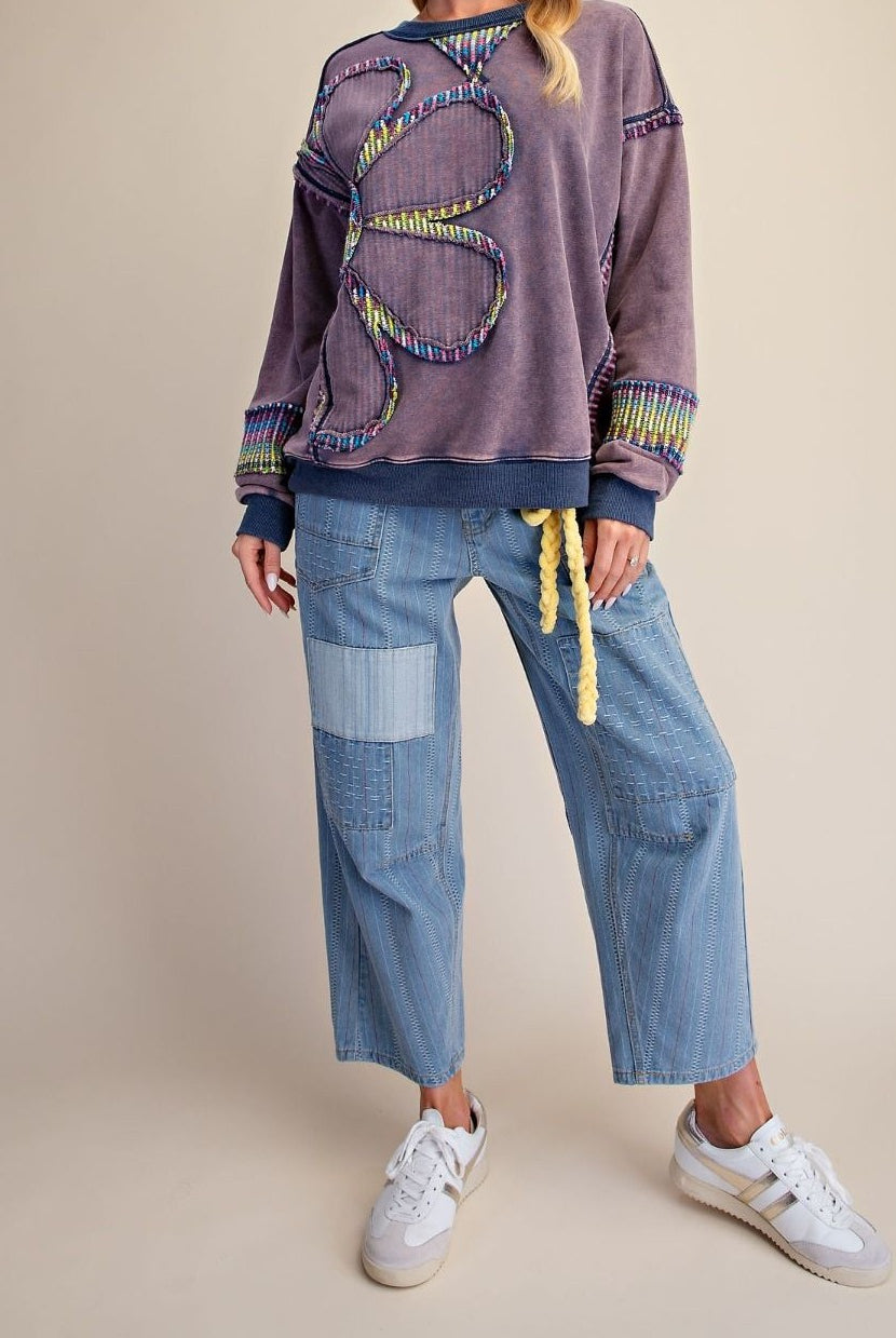 Easel Blueberry Flower Patch Mineral Washed Terry Pullover-sweatshirt-Easel-Deja Nu Boutique, Women's Fashion Boutique in Lampasas, Texas
