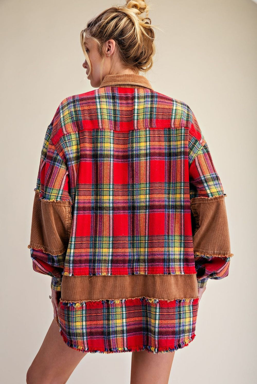 Easel Boho Red Mixed Plaid & Corduroy Shacket-Shackets-Easel-Deja Nu Boutique, Women's Fashion Boutique in Lampasas, Texas