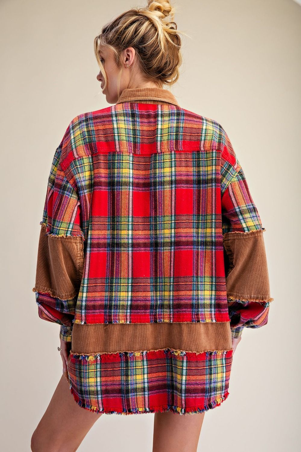 Easel Boho Red Mixed Plaid & Corduroy Shacket-Shackets-Easel-Deja Nu Boutique, Women's Fashion Boutique in Lampasas, Texas