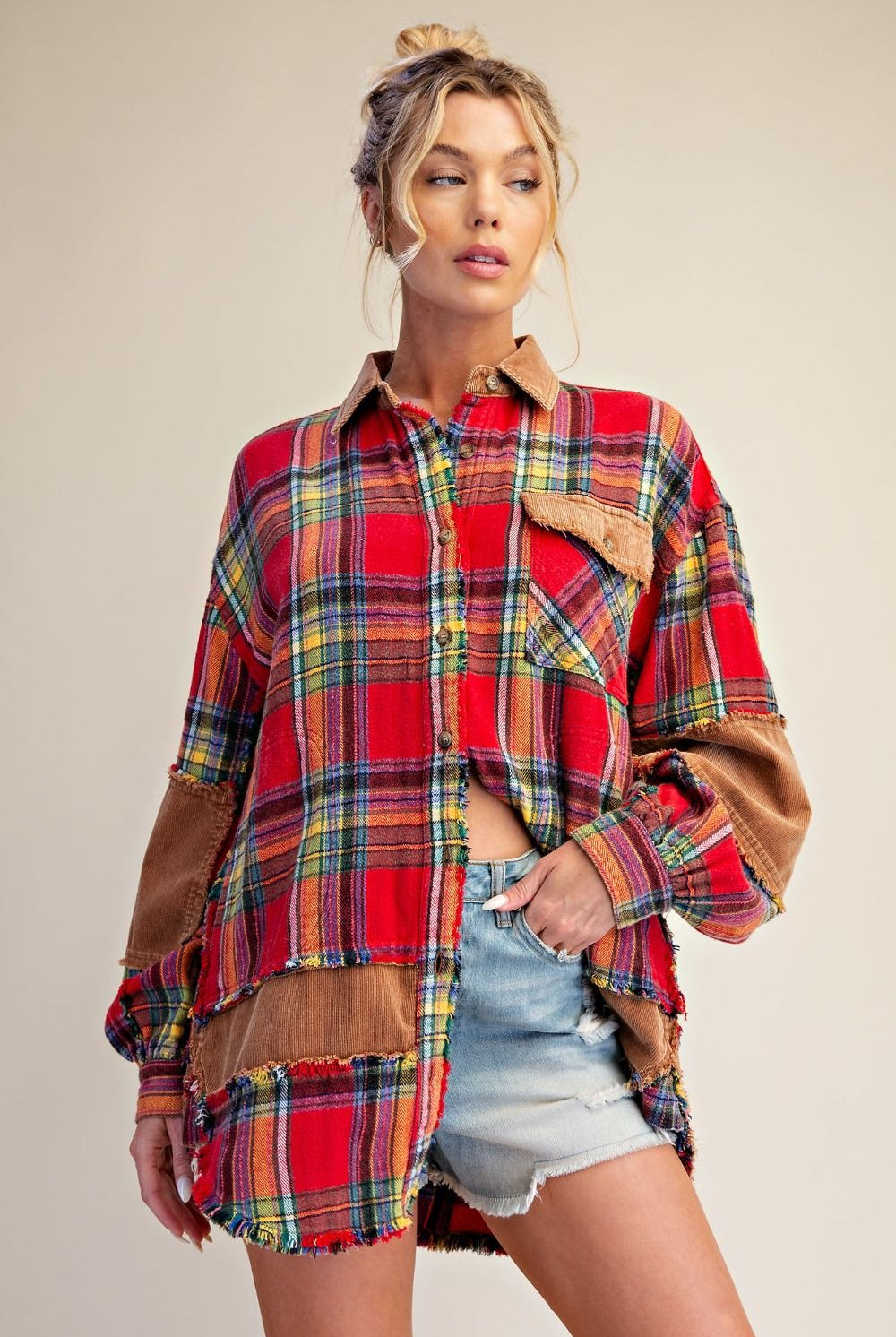 Easel Boho Red Mixed Plaid & Corduroy Shacket-Shackets-Easel-Deja Nu Boutique, Women's Fashion Boutique in Lampasas, Texas