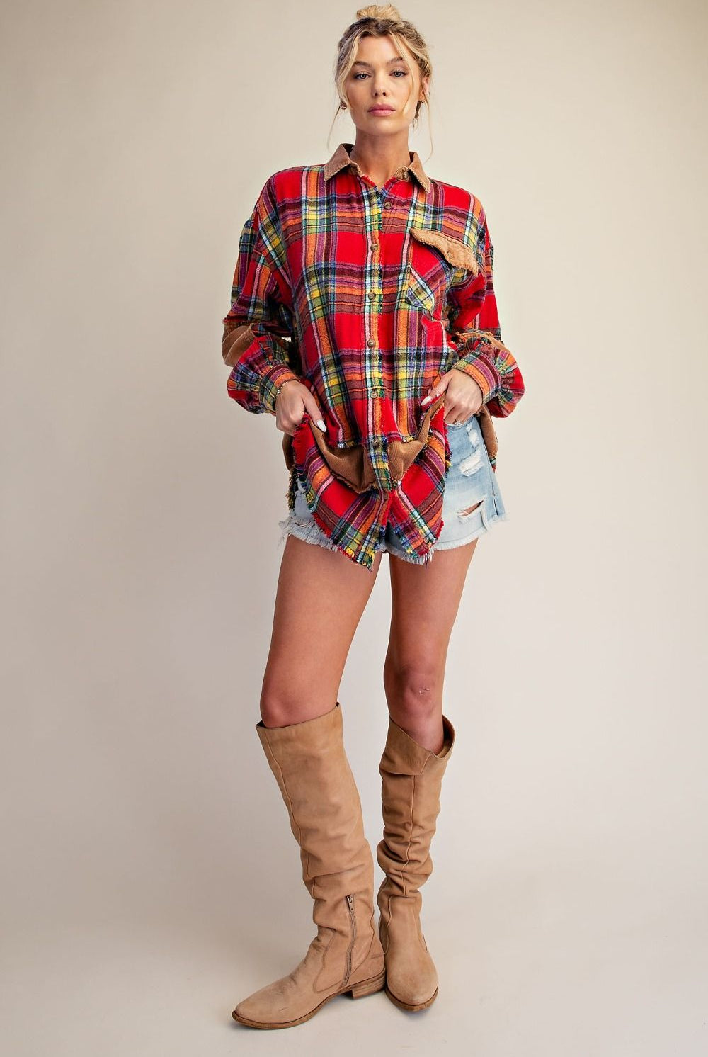 Easel Boho Red Mixed Plaid & Corduroy Shacket-Shackets-Easel-Deja Nu Boutique, Women's Fashion Boutique in Lampasas, Texas