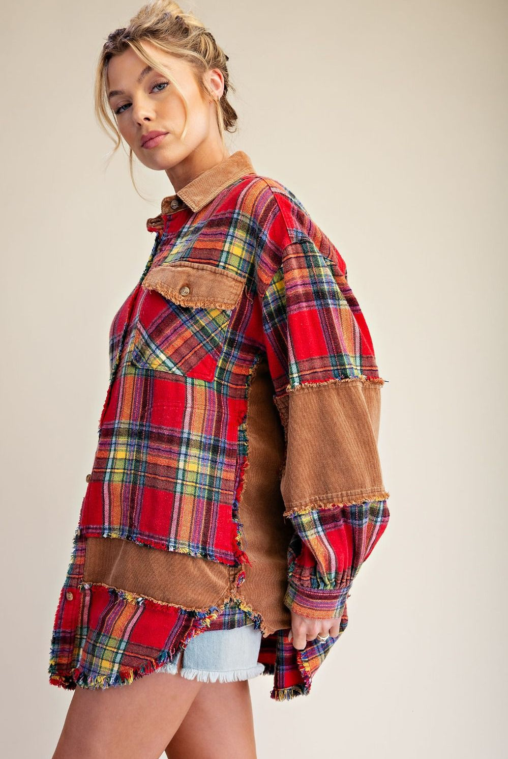Easel Boho Red Mixed Plaid & Corduroy Shacket-Shackets-Easel-Deja Nu Boutique, Women's Fashion Boutique in Lampasas, Texas