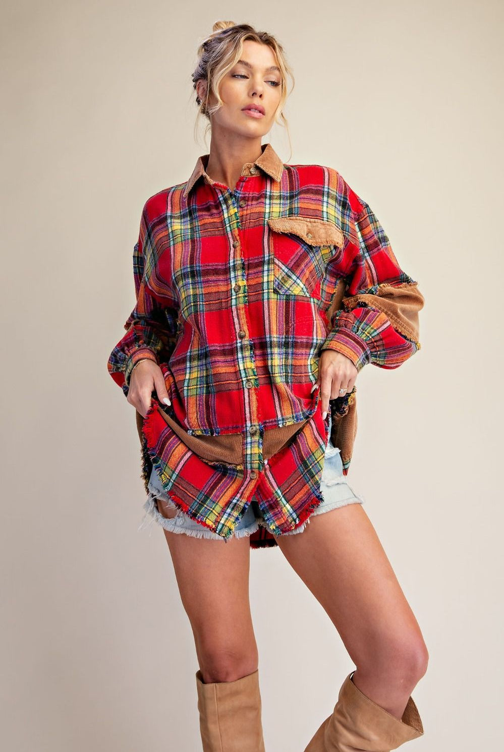 Easel Boho Red Mixed Plaid & Corduroy Shacket-Shackets-Easel-Deja Nu Boutique, Women's Fashion Boutique in Lampasas, Texas