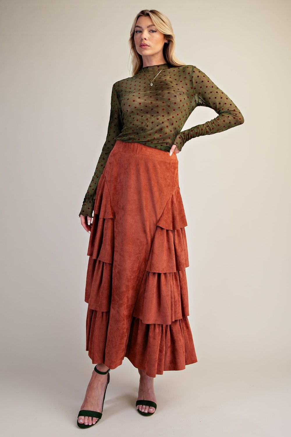 Easel Brick Tiered Side Faux Suede Maxi Skirt-Skirts-Easel-Deja Nu Boutique, Women's Fashion Boutique in Lampasas, Texas