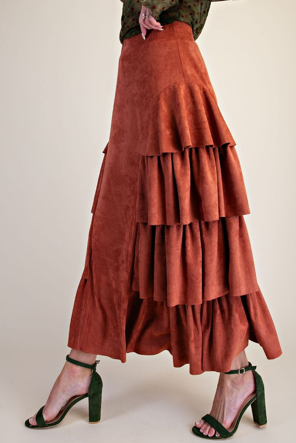 Easel Brick Tiered Side Faux Suede Maxi Skirt-Skirts-Easel-Deja Nu Boutique, Women's Fashion Boutique in Lampasas, Texas