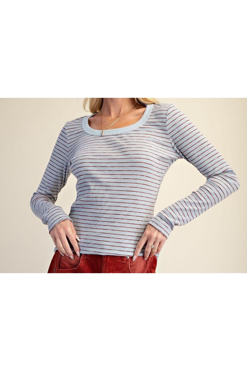 Easel Dusty Blue Stripe Rib Knit Top-Tops-Easel-Deja Nu Boutique, Women's Fashion Boutique in Lampasas, Texas