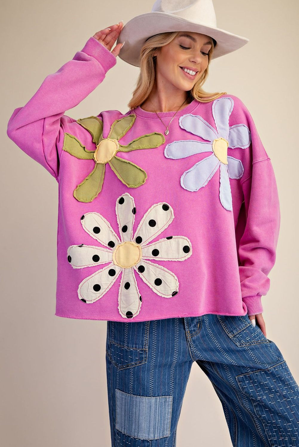 Easel Floral Patch Washed Terry Pullover in Dragon Fruit-sweatshirt-Easel-Deja Nu Boutique, Women's Fashion Boutique in Lampasas, Texas