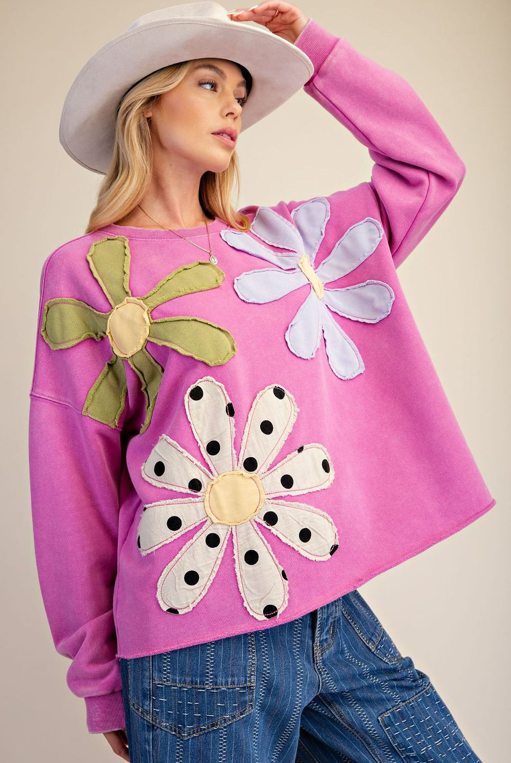 Easel Floral Patch Washed Terry Pullover in Dragon Fruit-sweatshirt-Easel-Deja Nu Boutique, Women's Fashion Boutique in Lampasas, Texas