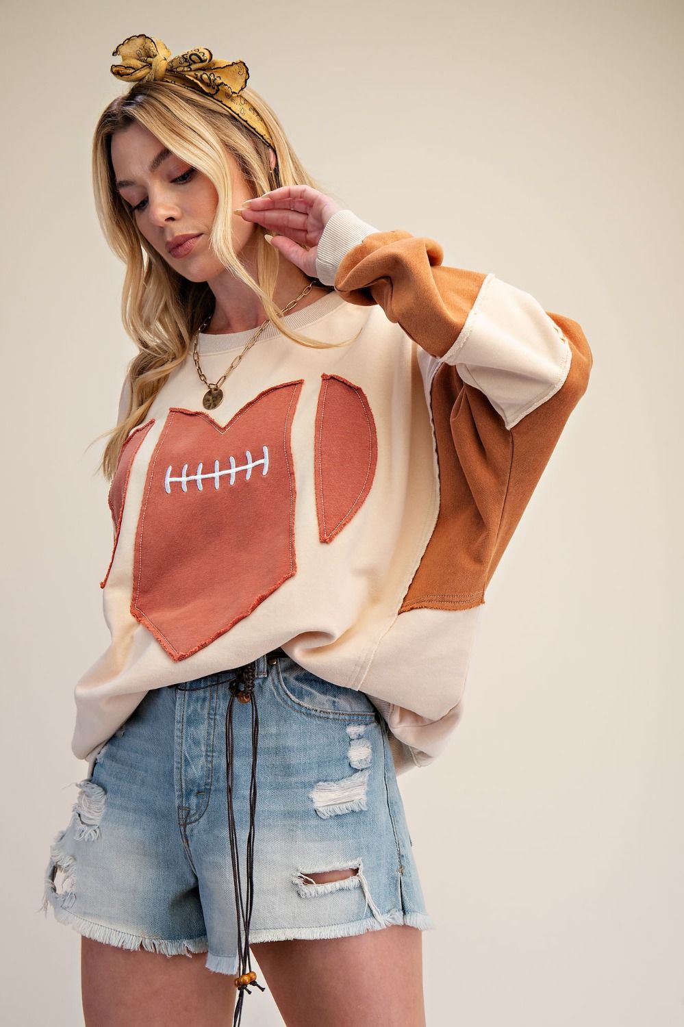 Easel Cinnamon Latte Friday Night Lights Game Day Patch Washed Terry Pullover-sweatshirt-Easel-Deja Nu Boutique, Women's Fashion Boutique in Lampasas, Texas