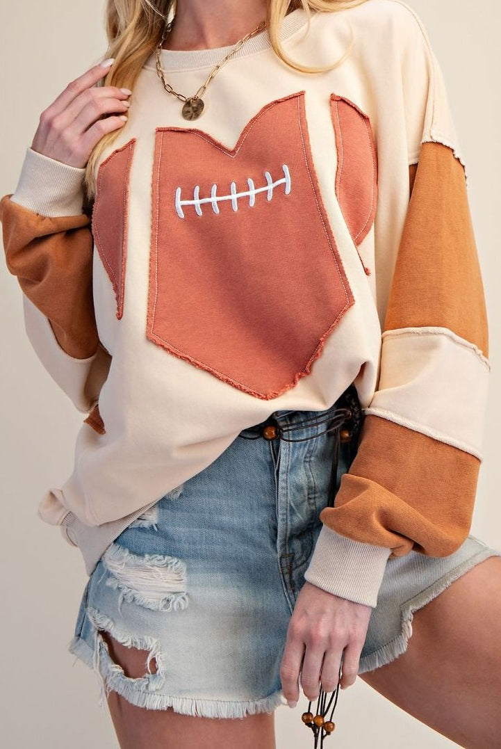 Easel Cinnamon Latte Friday Night Lights Game Day Patch Washed Terry Pullover-sweatshirt-Easel-Deja Nu Boutique, Women's Fashion Boutique in Lampasas, Texas