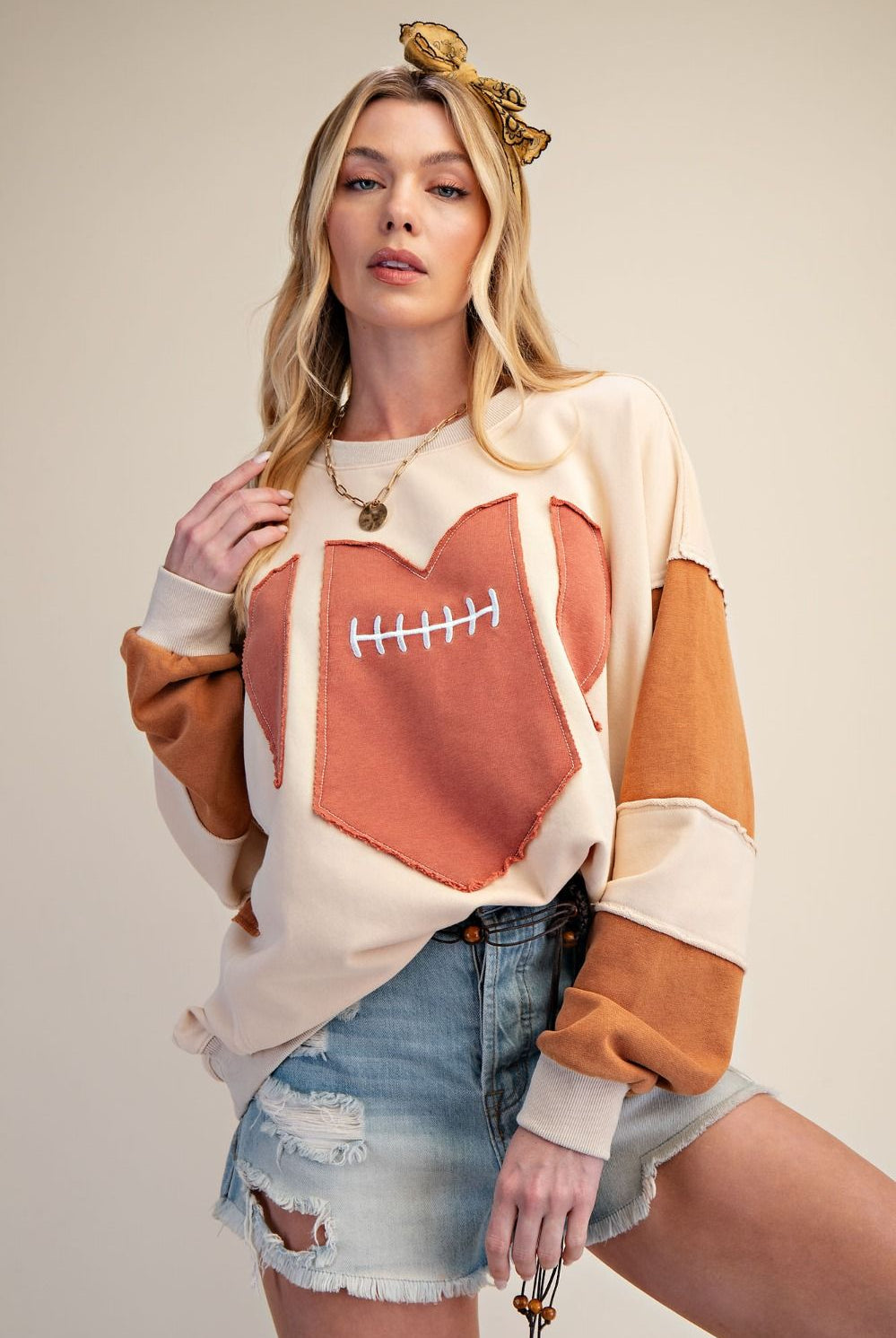 Easel Cinnamon Latte Friday Night Lights Game Day Patch Washed Terry Pullover-sweatshirt-Easel-Deja Nu Boutique, Women's Fashion Boutique in Lampasas, Texas