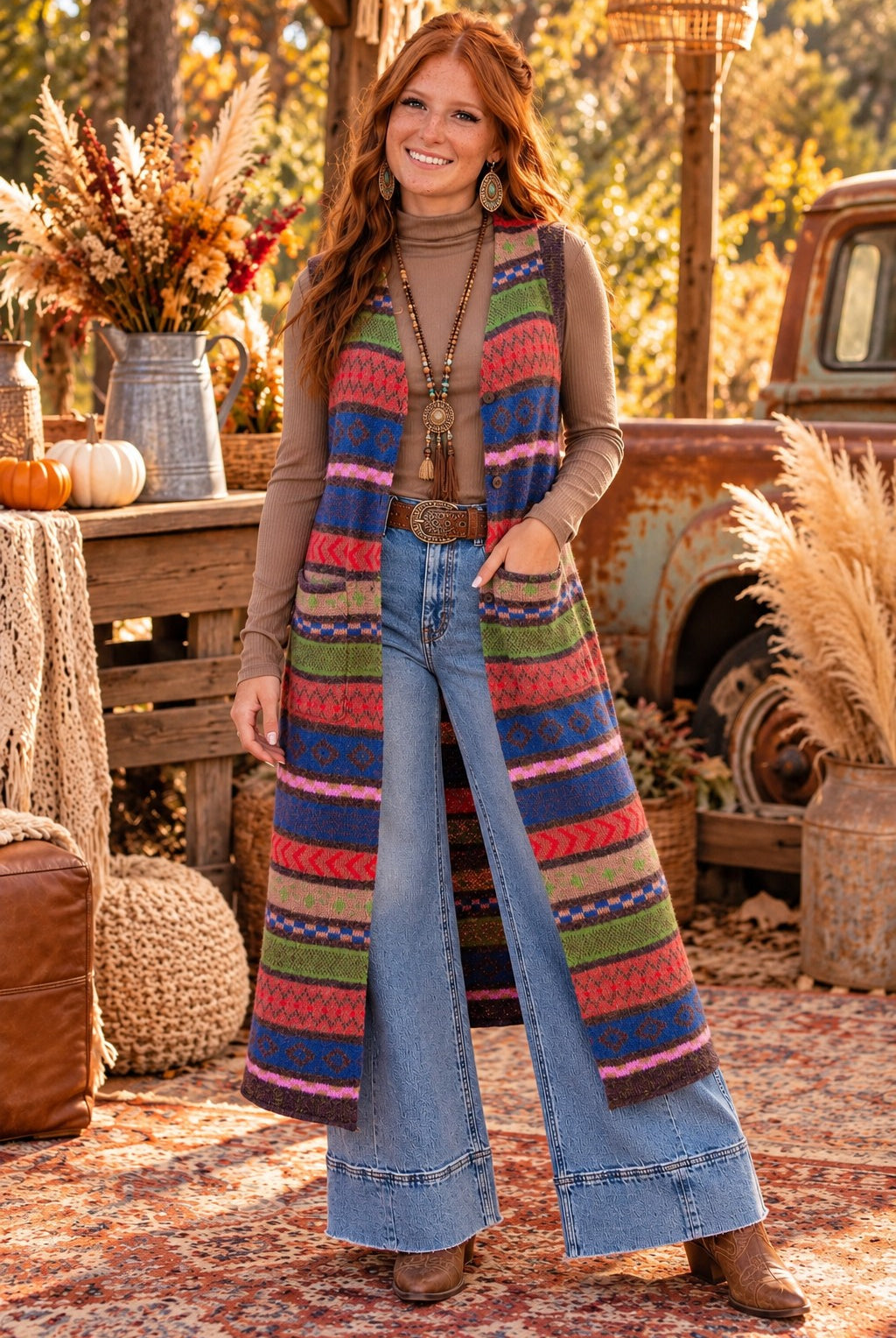 Easel Multi Color Knitted Sweater Maxi Vest-Vest-Easel-Deja Nu Boutique, Women's Fashion Boutique in Lampasas, Texas
