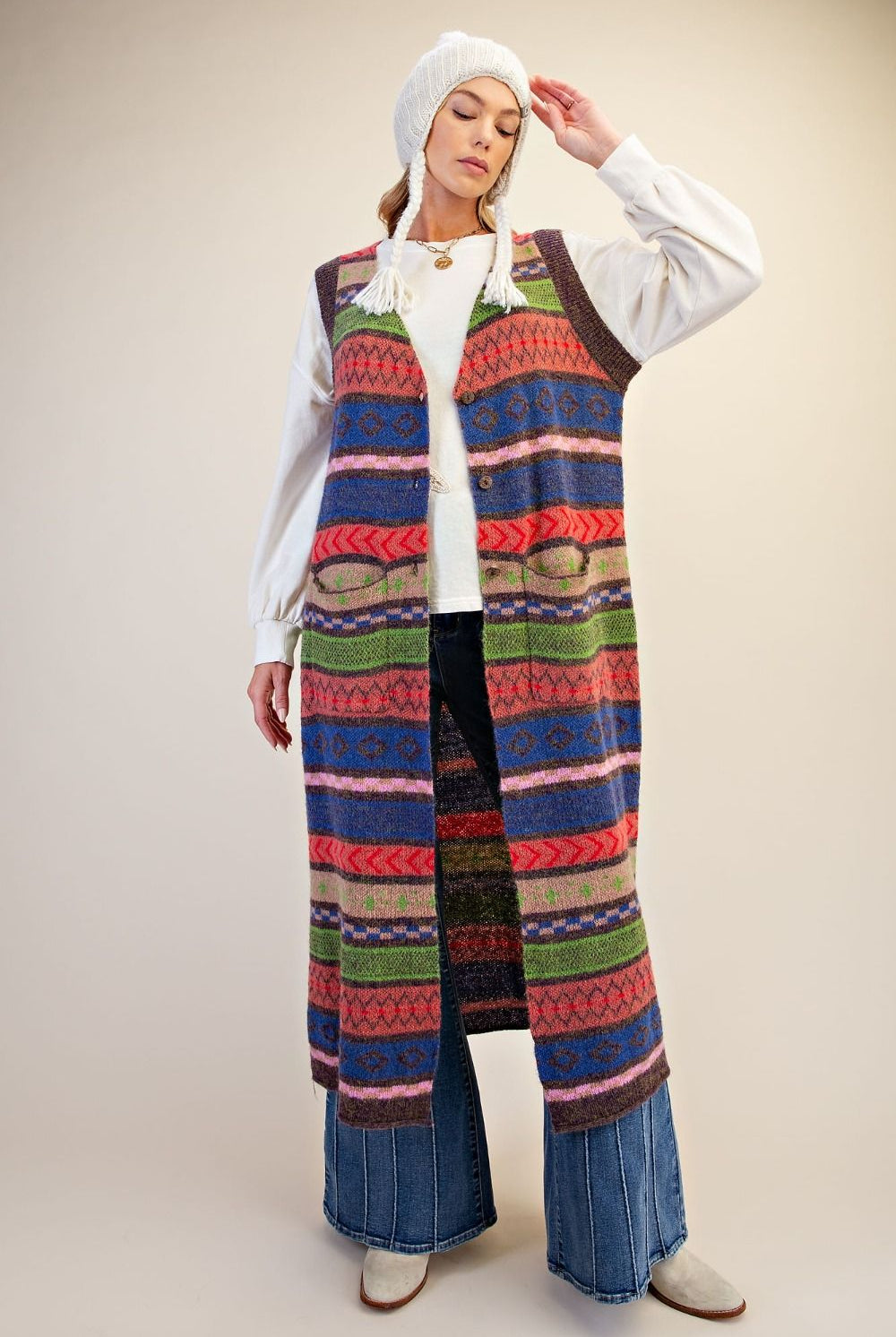 Easel Multi Color Knitted Sweater Maxi Vest-Vest-Easel-Deja Nu Boutique, Women's Fashion Boutique in Lampasas, Texas