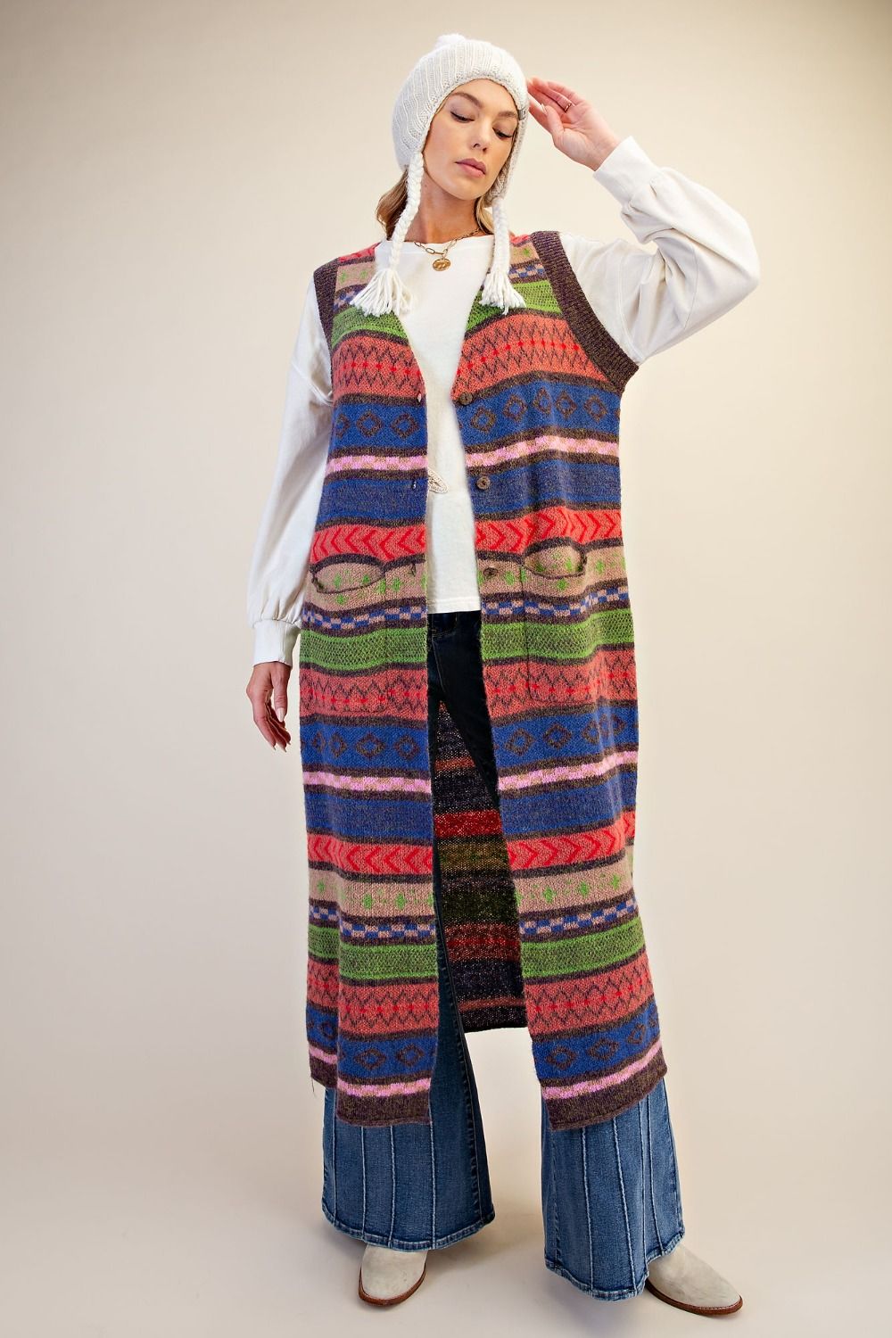 Easel Multi Color Knitted Sweater Maxi Vest-Vest-Easel-Deja Nu Boutique, Women's Fashion Boutique in Lampasas, Texas