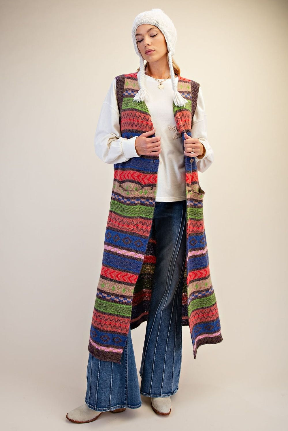 Easel Multi Color Knitted Sweater Maxi Vest-Vest-Easel-Deja Nu Boutique, Women's Fashion Boutique in Lampasas, Texas