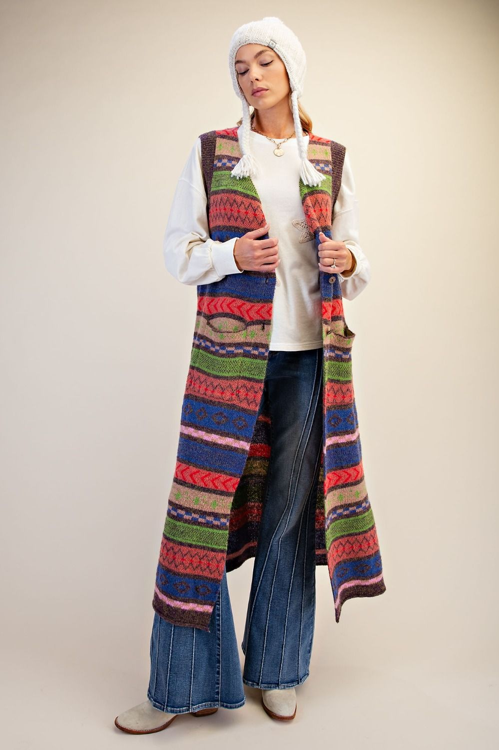 Easel Multi Color Knitted Sweater Maxi Vest-Vest-Easel-Deja Nu Boutique, Women's Fashion Boutique in Lampasas, Texas