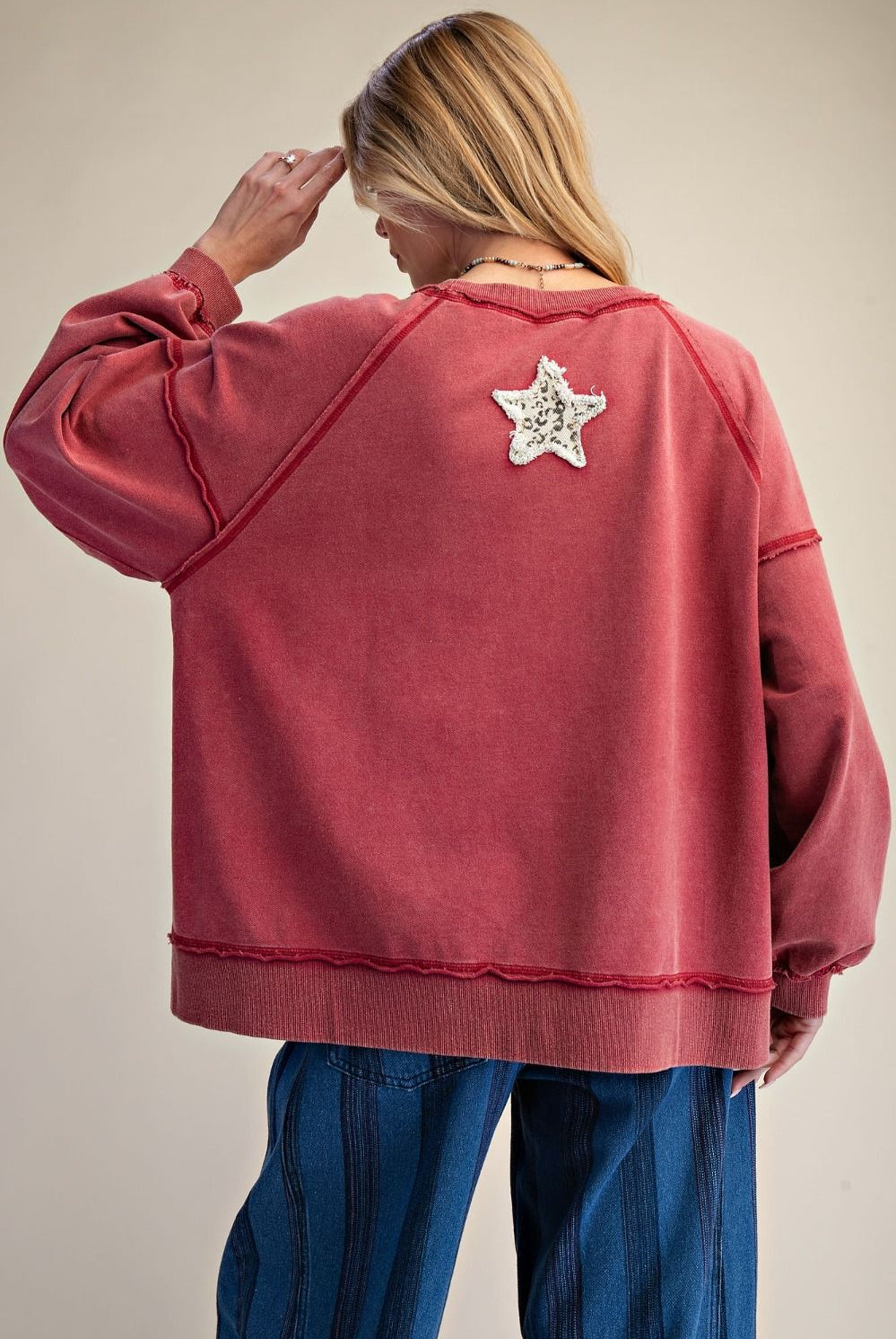 Easel Patchwork Star Mineral Washed Pullover - Red-Tops-Easel-Deja Nu Boutique, Women's Fashion Boutique in Lampasas, Texas